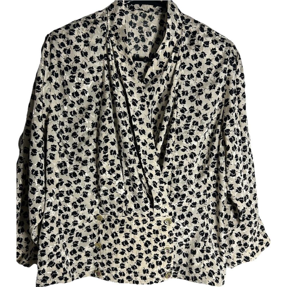 Vtg 80s Monochrome Floral Wrap Power Blouse Hand Painted Rose Buttons Office M